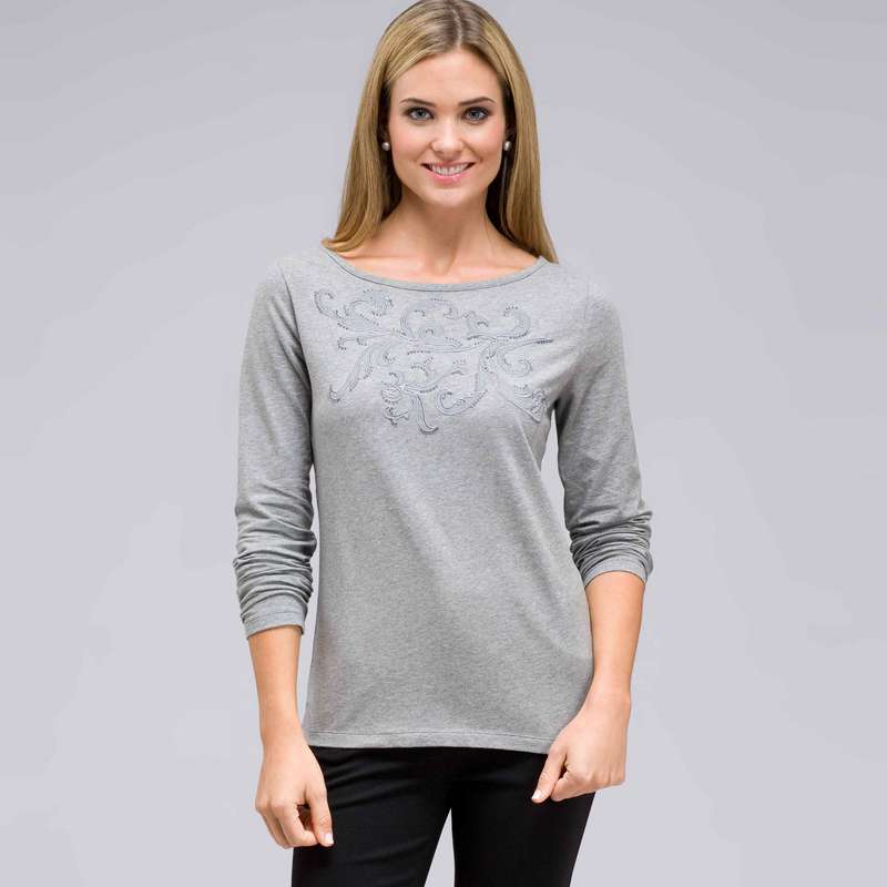 Long Sleeve Embellished Boat Neck Top, Grey Heather, large